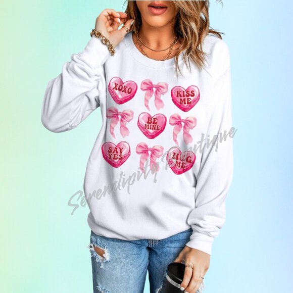 Candy Hearts & Pretty Bows White & Pastels Cotton Sweatshirt - Picture 5 of 8